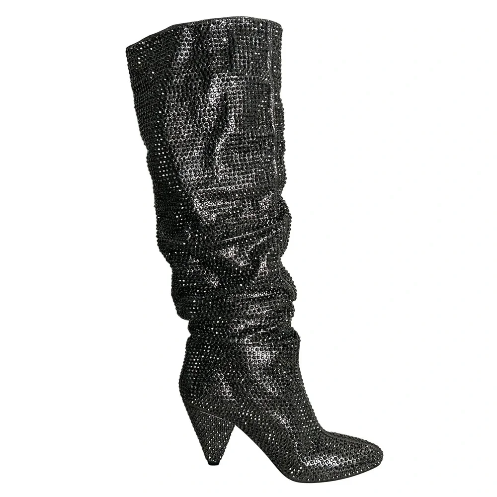 INC Gerii Pewter‎ Rhinestone Sparkly Slouch Boots Women's Knee High Block Heel